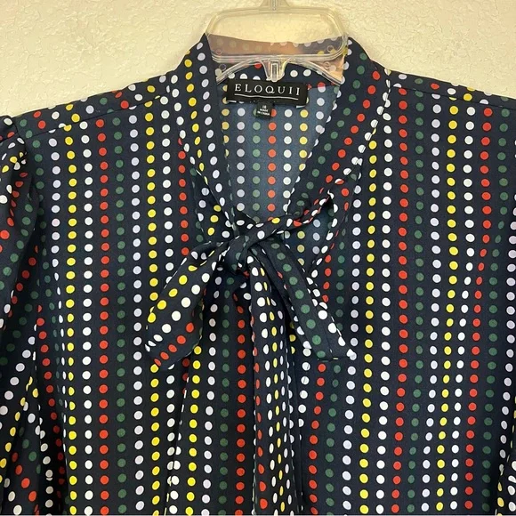 Eloquii Tie Neck Blue Multi Color Polka Dot Retro Career Office Blouse Size 16 - Picture 5 of 12